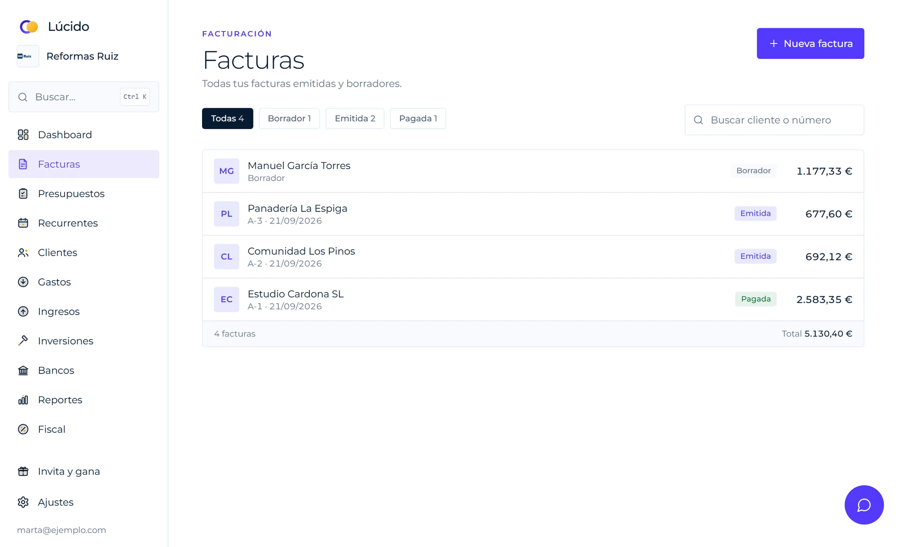 Pantalla de facturas de Lúcido con un listado de facturas por estado: borrador, emitida y pagada