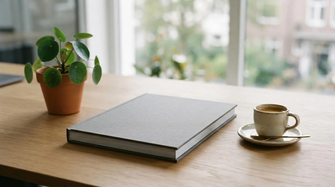 Mesa de trabajo minimalista con libreta, café y una planta junto a la ventana