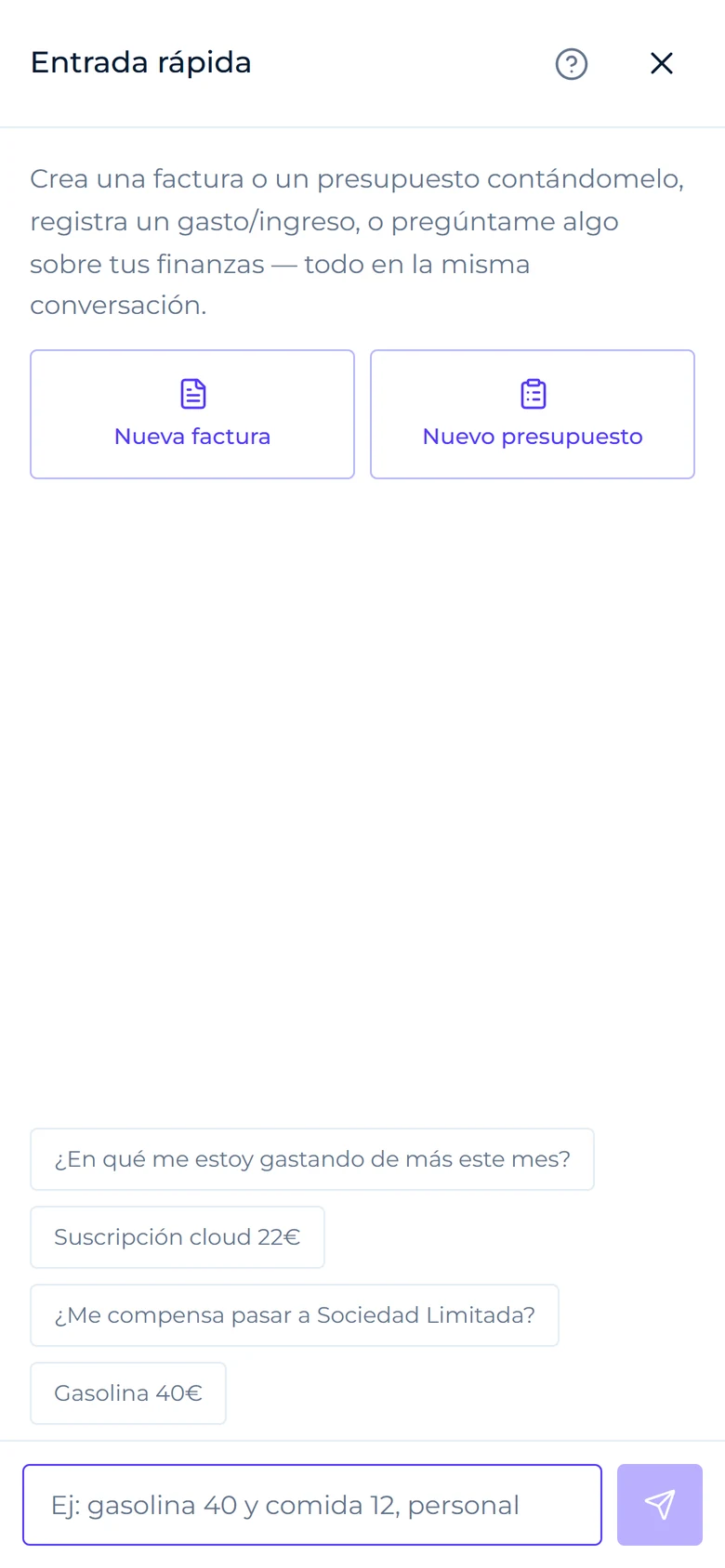 Entrada rápida de Lúcido en el móvil, con sugerencias para crear facturas, presupuestos y gastos