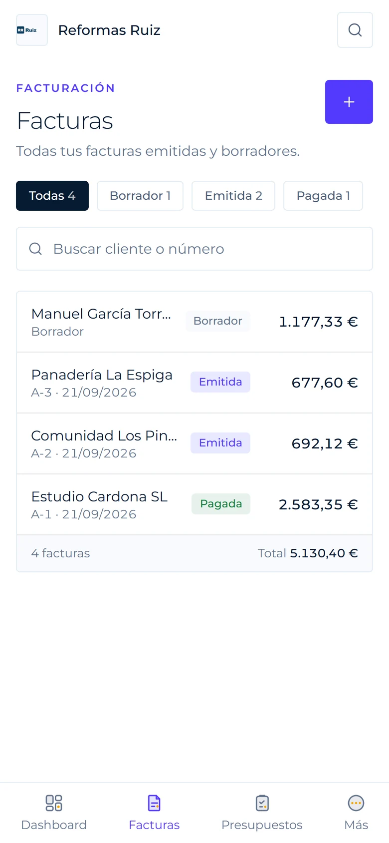 Listado de facturas en el móvil filtrado por estado, con el total al final