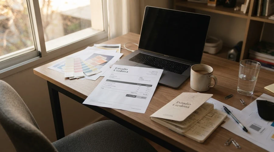 Escritorio ordenado con portátil, documentos, muestras de color y café
