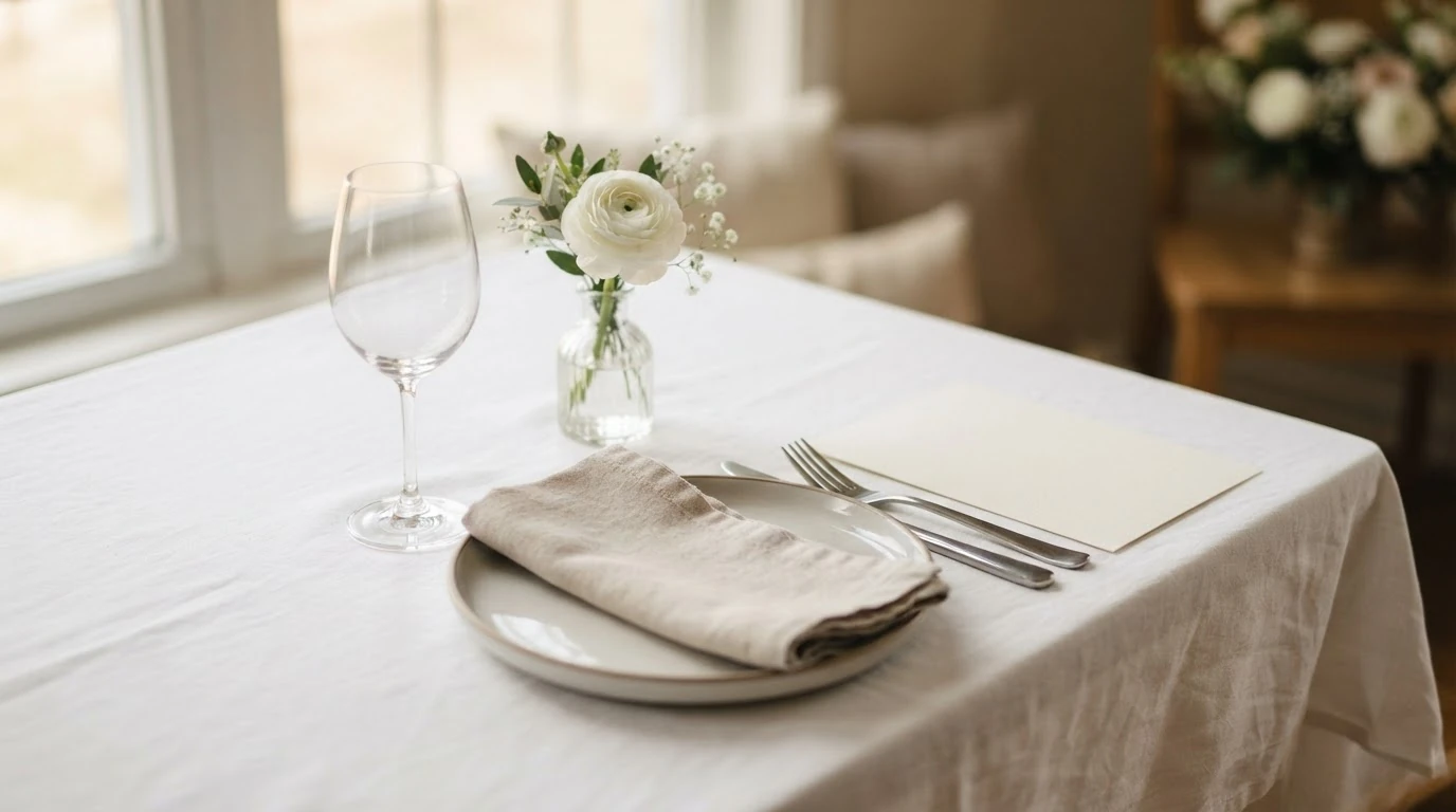 Mesa de restaurante preparada con mantel blanco, cubiertos y flores