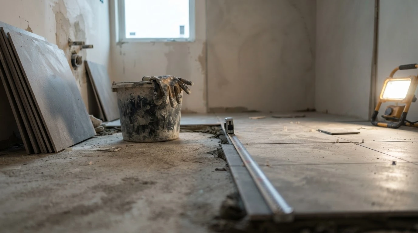 Obra en reforma: herramientas y materiales en una habitación vacía