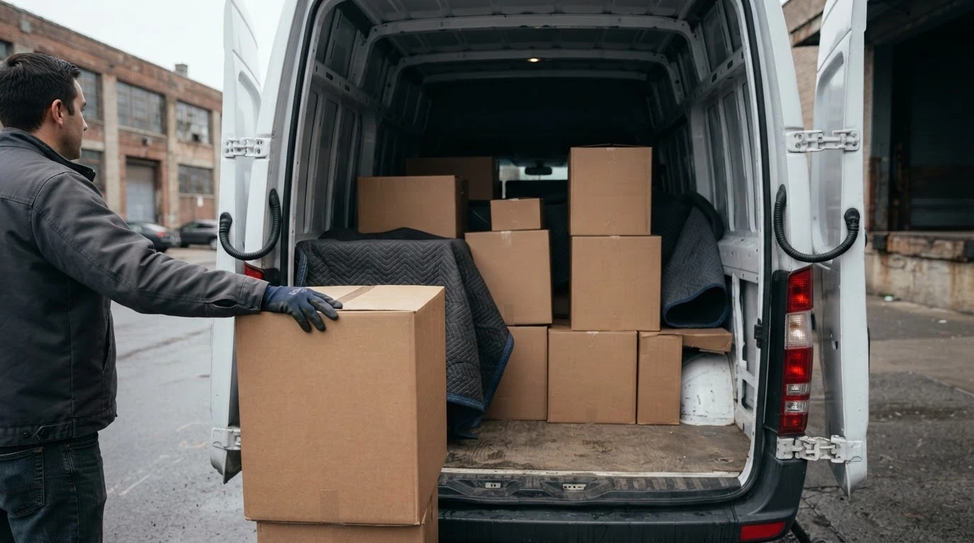 Trabajador cargando cajas en una furgoneta para una mudanza